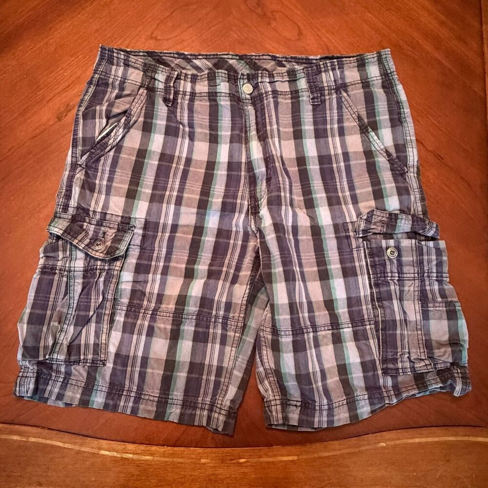 Levi Cargo Y2K Shorts Plaid Pockets Blue Charcoal Mens Sz 38